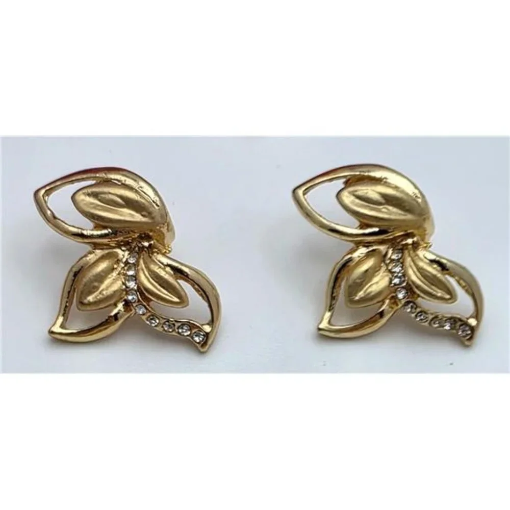 Matte Gold Tone Crystal Floral Bib Necklace Bangle Earrings Ring Set - Picture 2 of 10